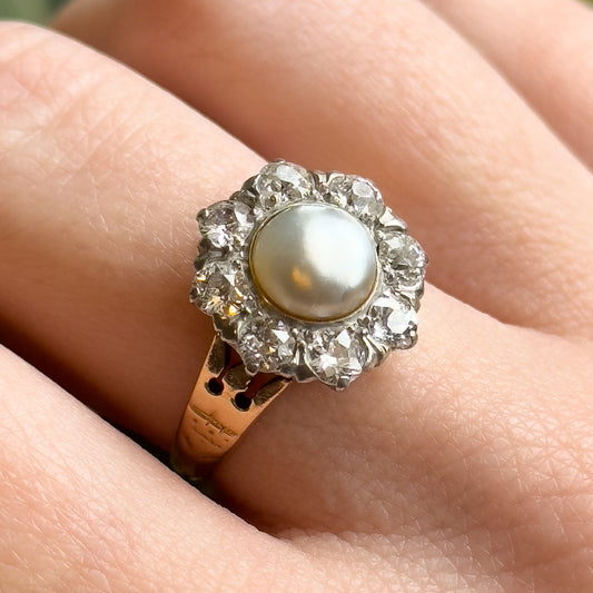 Antique Pearl & Old European Cut Diamond Halo Ring in 14K Gold