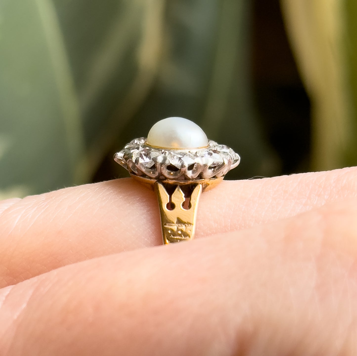 Antique Pearl & Old European Cut Diamond Halo Ring in 14K Gold