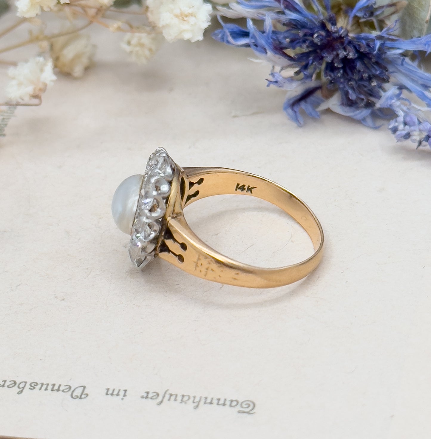 Antique Pearl & Old European Cut Diamond Halo Ring in 14K Gold