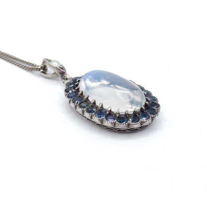 Antique Moonstone Cabochon w Sapphire Halo Pendant in Sterling Silver