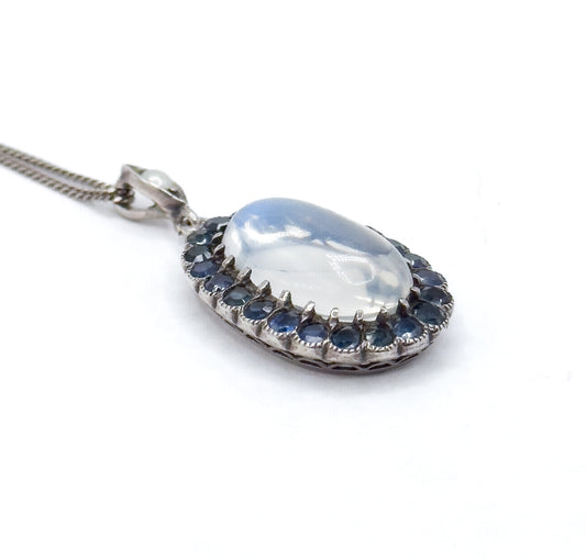 Antique Moonstone Cabochon w Sapphire Halo Pendant in Sterling Silver
