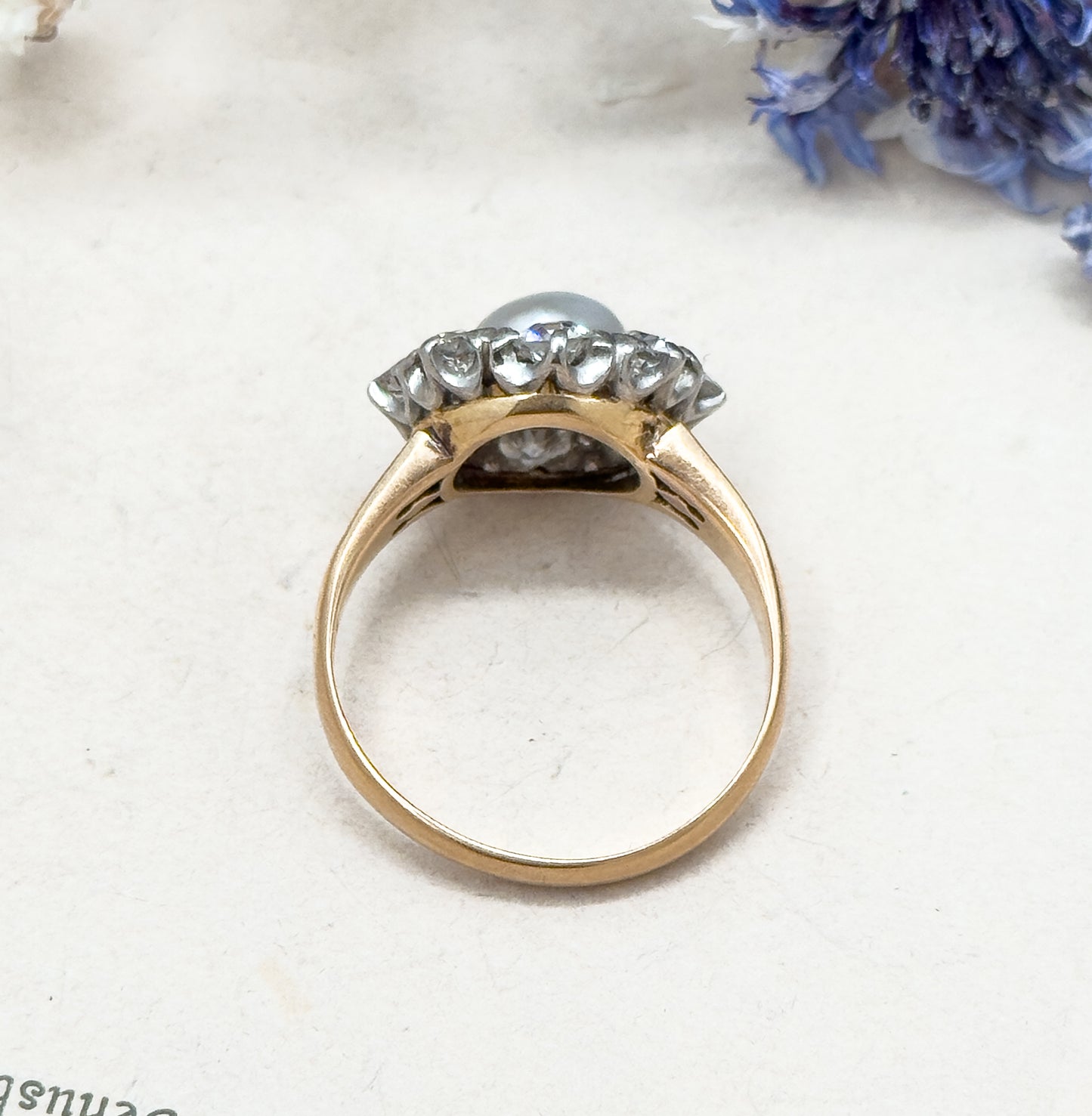 Antique Pearl & Old European Cut Diamond Halo Ring in 14K Gold