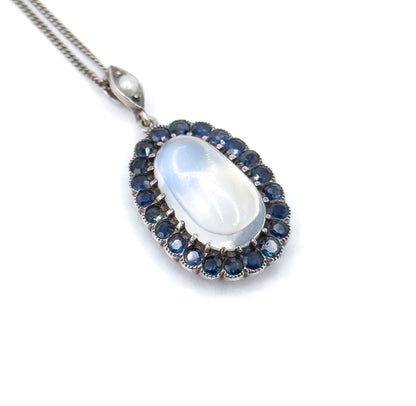 Antique Moonstone Cabochon w Sapphire Halo Pendant in Sterling Silver