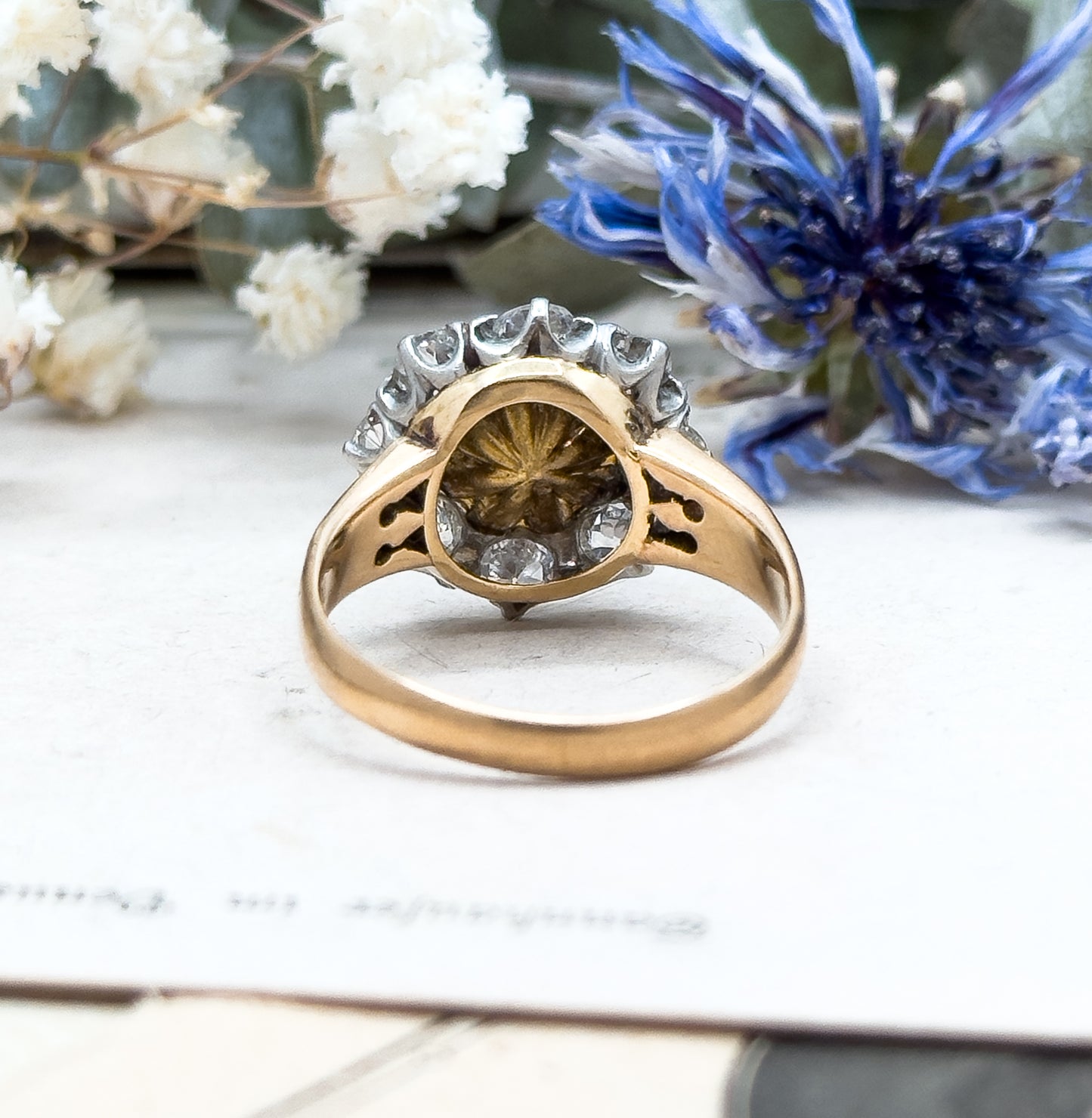 Antique Pearl & Old European Cut Diamond Halo Ring in 14K Gold