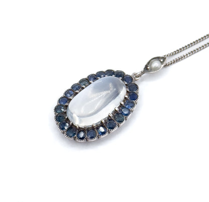 Antique Moonstone Cabochon w Sapphire Halo Pendant in Sterling Silver