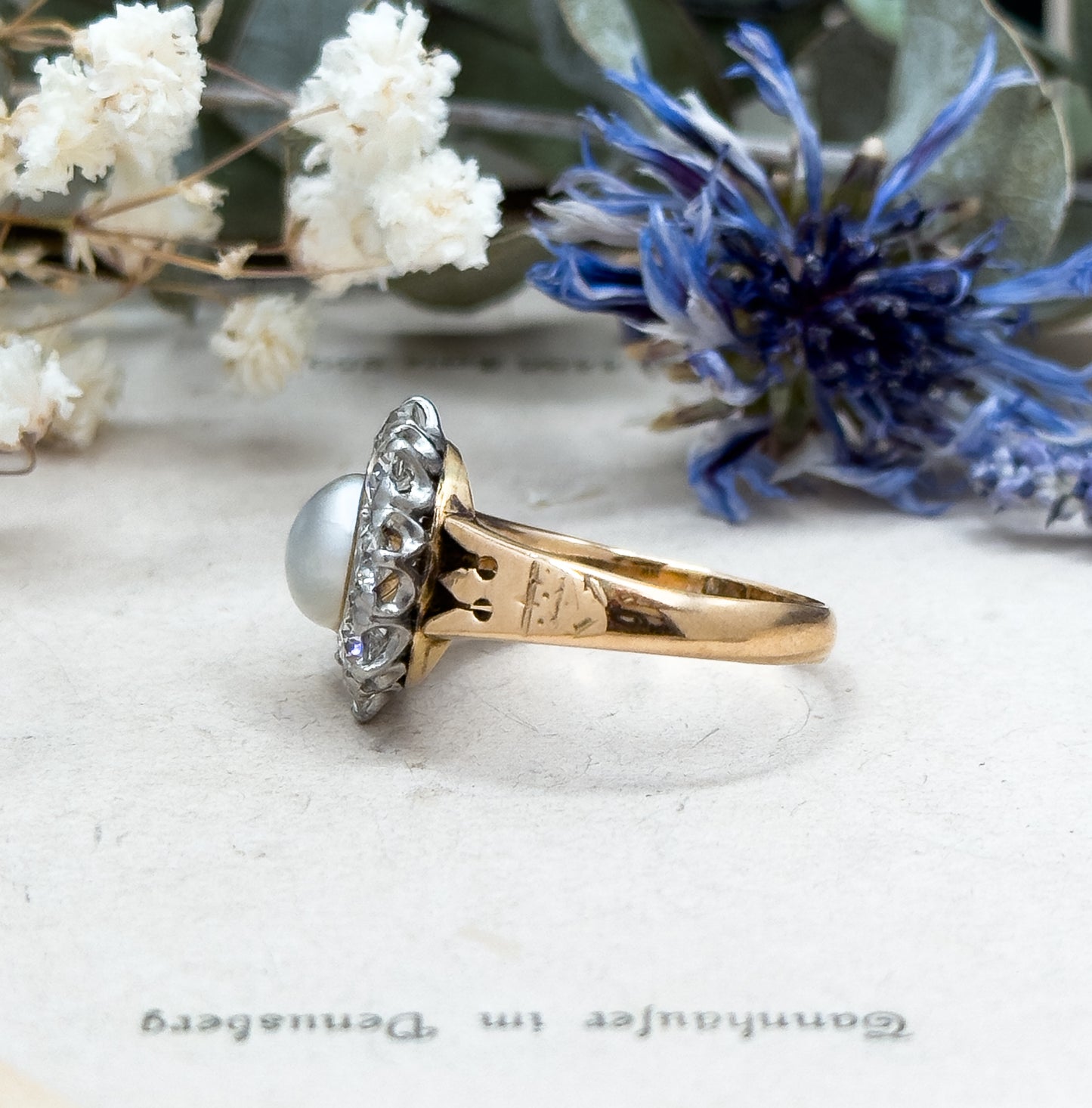 Antique Pearl & Old European Cut Diamond Halo Ring in 14K Gold