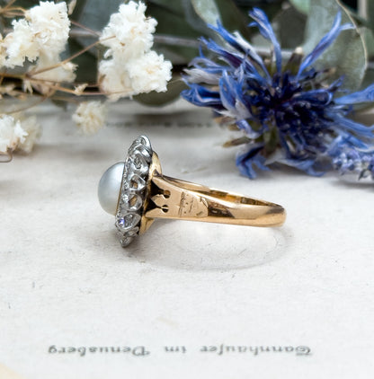 Antique Pearl & Old European Cut Diamond Halo Ring in 14K Gold