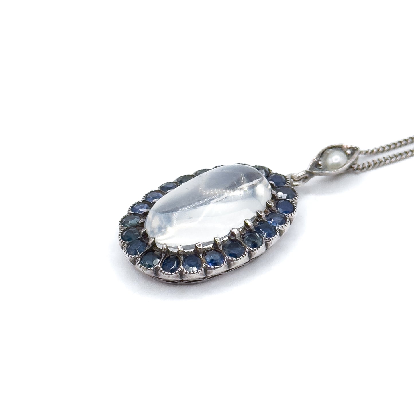 Antique Moonstone Cabochon w Sapphire Halo Pendant in Sterling Silver