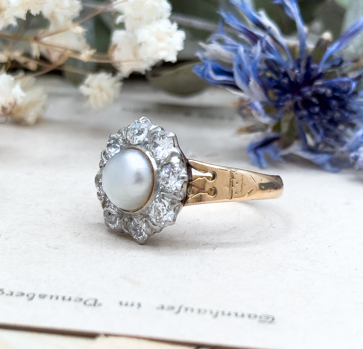 Antique Pearl & Old European Cut Diamond Halo Ring in 14K Gold