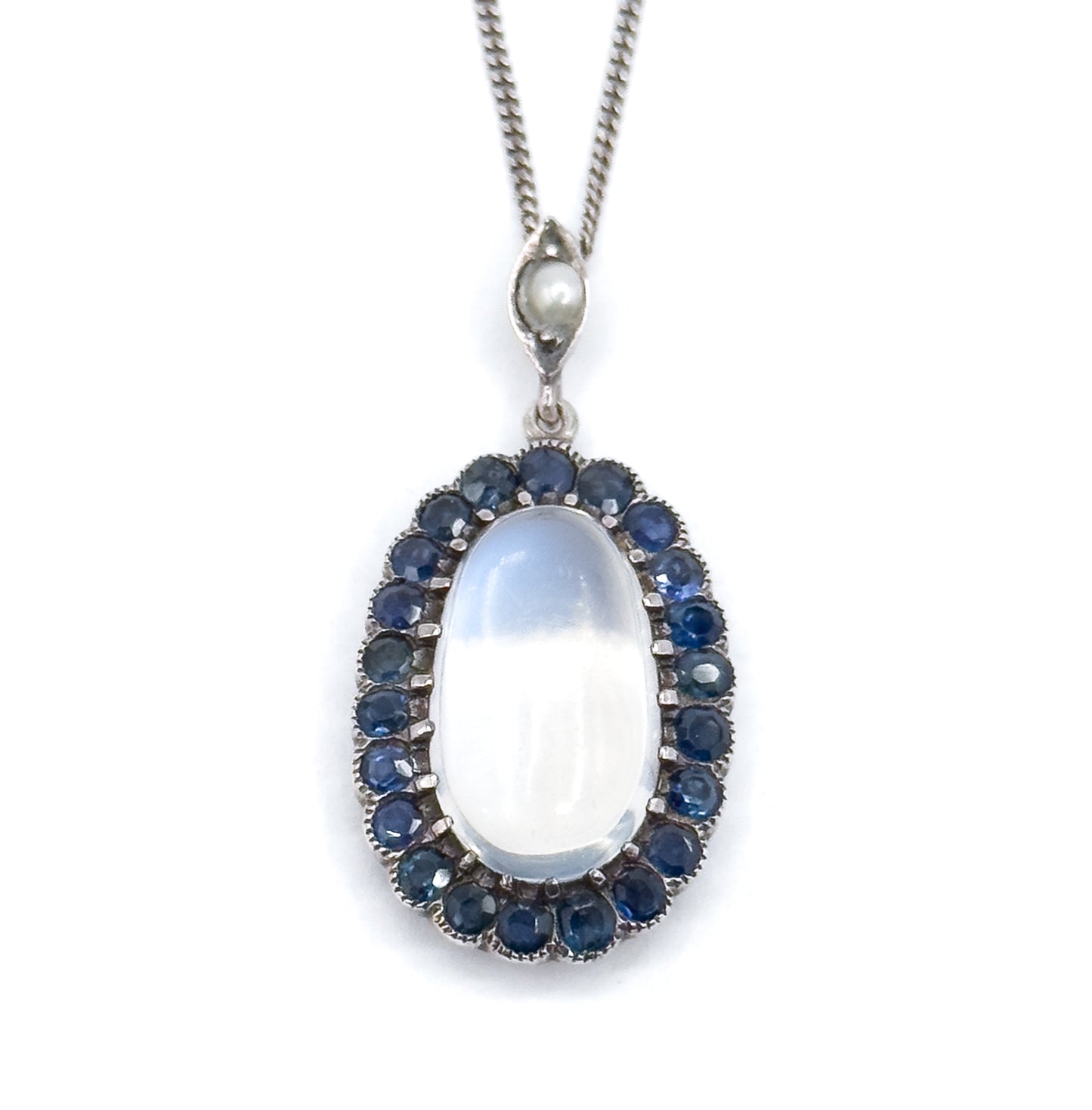 Antique Moonstone Cabochon w Sapphire Halo Pendant in Sterling Silver