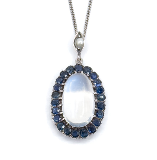 Antique Moonstone Cabochon w Sapphire Halo Pendant in Sterling Silver