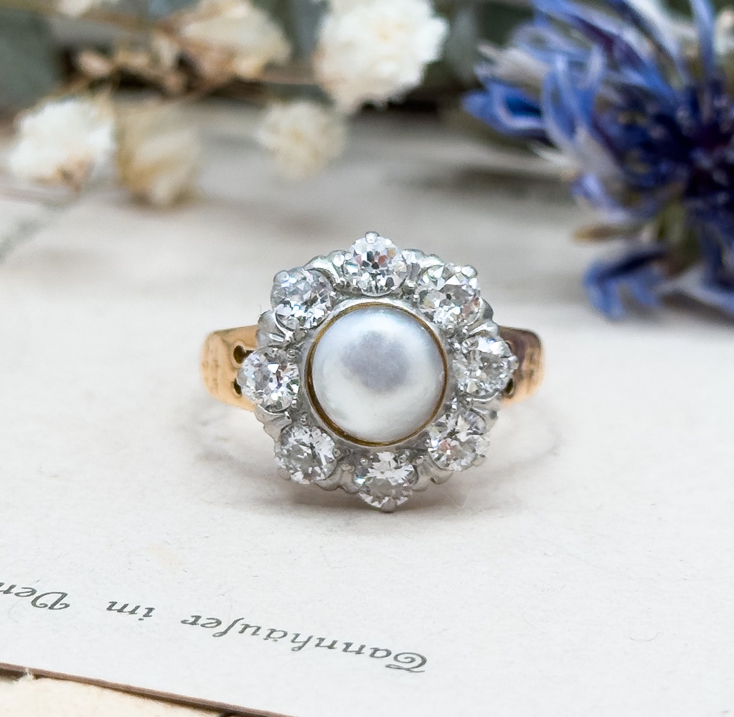 Antique Pearl & Old European Cut Diamond Halo Ring in 14K Gold