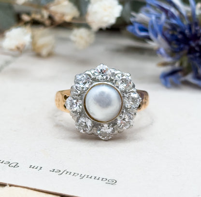 Antique Pearl & Old European Cut Diamond Halo Ring in 14K Gold