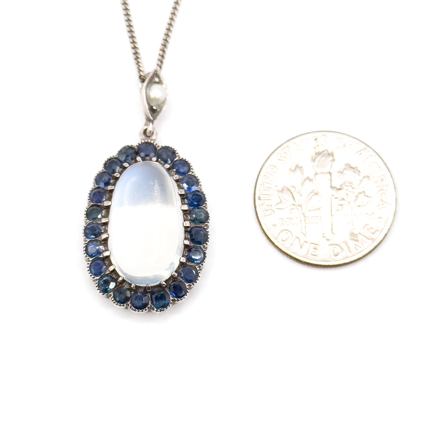Antique Moonstone Cabochon w Sapphire Halo Pendant in Sterling Silver