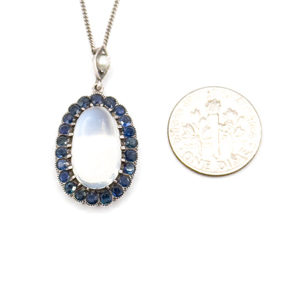 Antique Moonstone Cabochon w Sapphire Halo Pendant in Sterling Silver