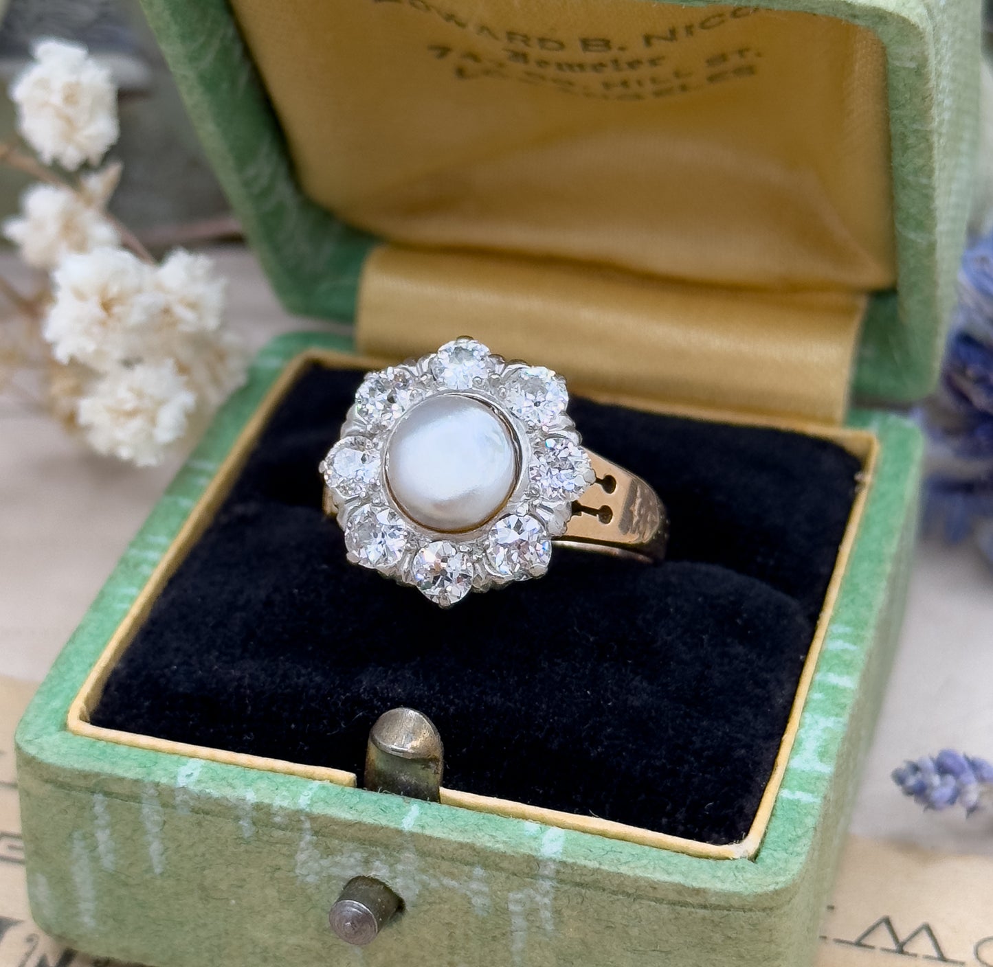 Antique Pearl & Old European Cut Diamond Halo Ring in 14K Gold