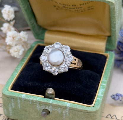 Antique Pearl & Old European Cut Diamond Halo Ring in 14K Gold