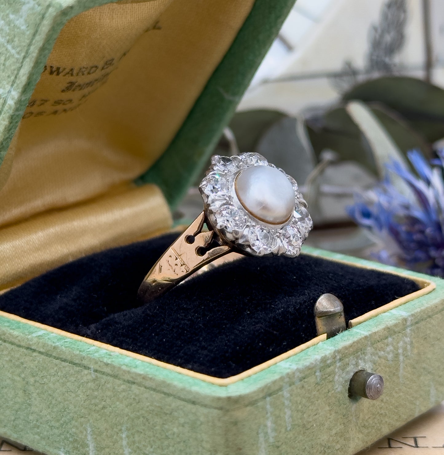 Antique Pearl & Old European Cut Diamond Halo Ring in 14K Gold