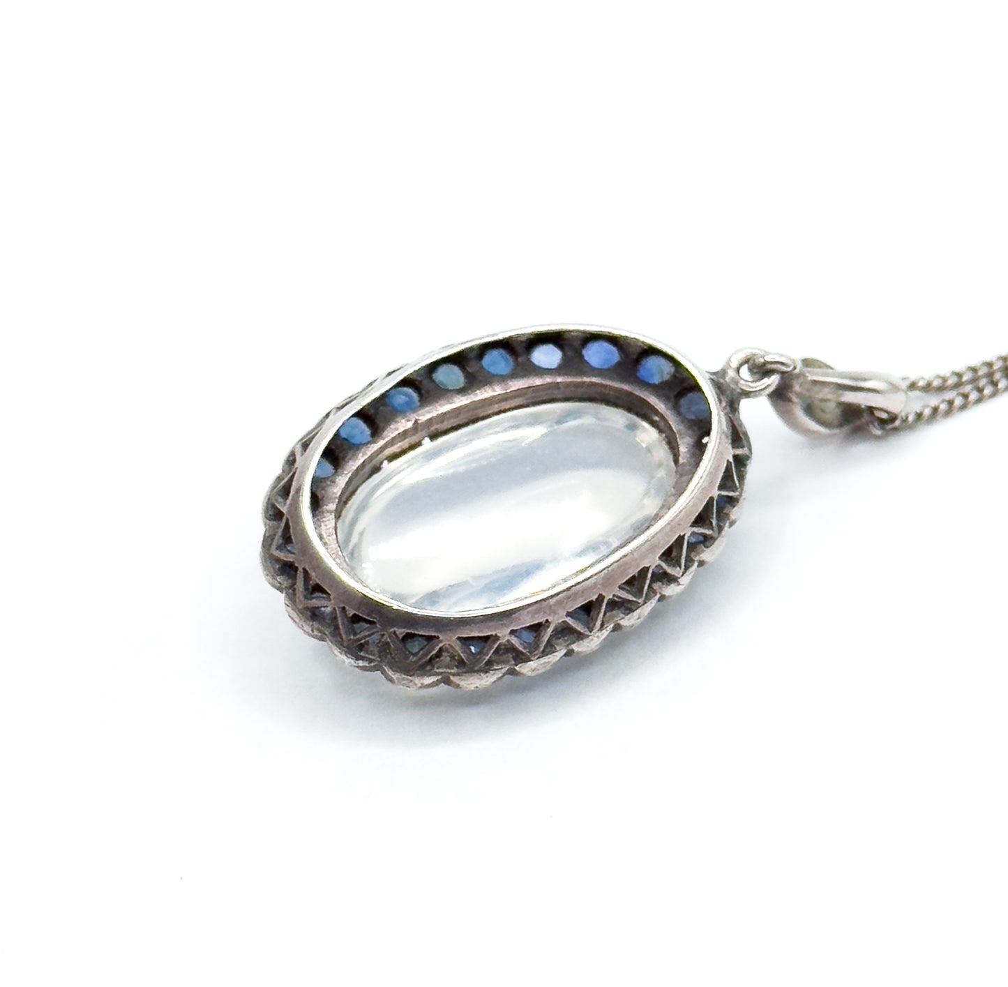 Antique Moonstone Cabochon w Sapphire Halo Pendant in Sterling Silver