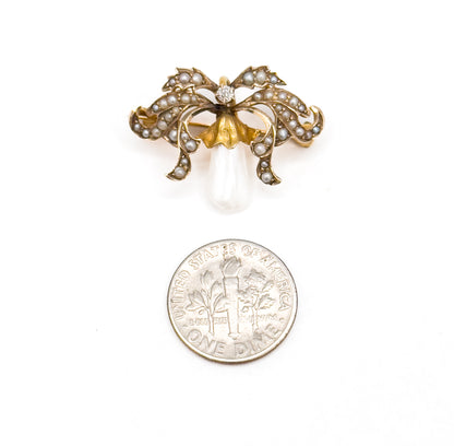 Edwardian Garland Style Brooch with Seed pearls & Freshwater Pearl in 14K Gold
