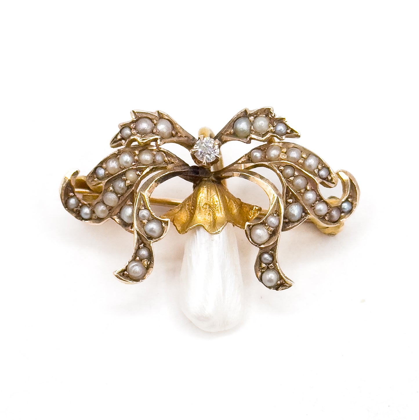 Edwardian Garland Style Brooch with Seed pearls & Freshwater Pearl in 14K Gold
