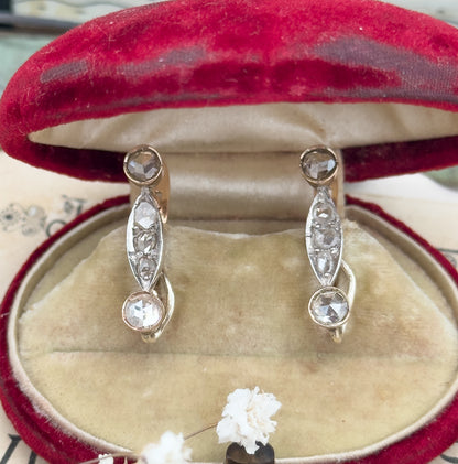 Antique Rose Cut Diamond Earrings in 14K Two Tone Gold