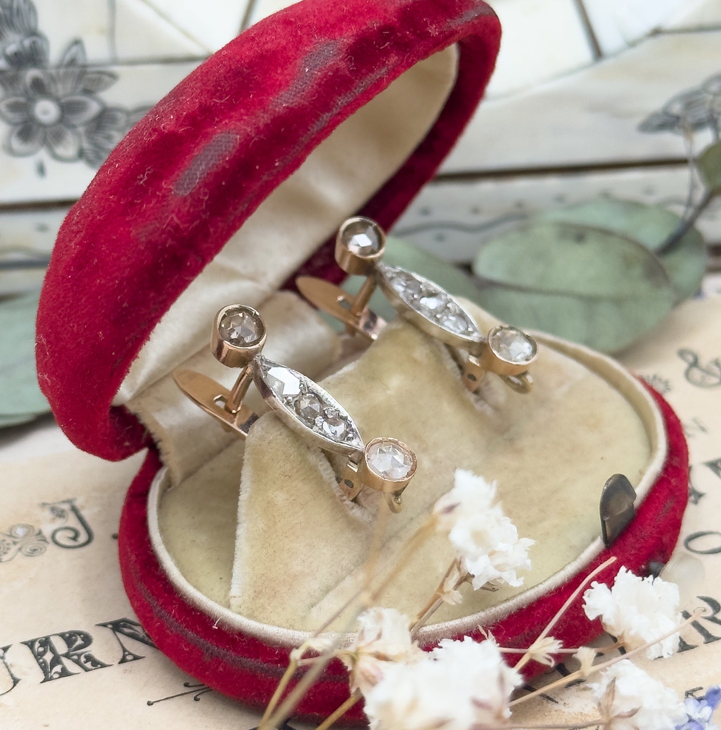 Antique Rose Cut Diamond Earrings in 14K Two Tone Gold