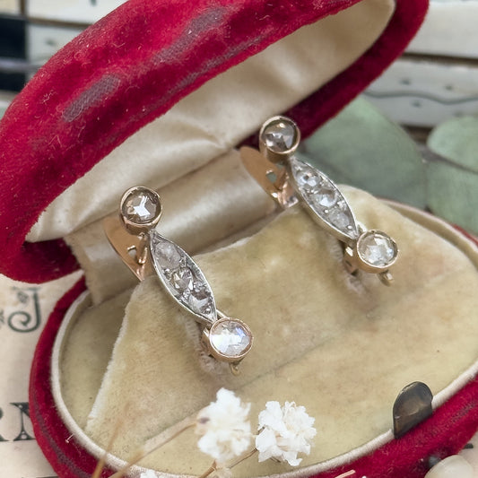 Antique Rose Cut Diamond Earrings in 14K Two Tone Gold