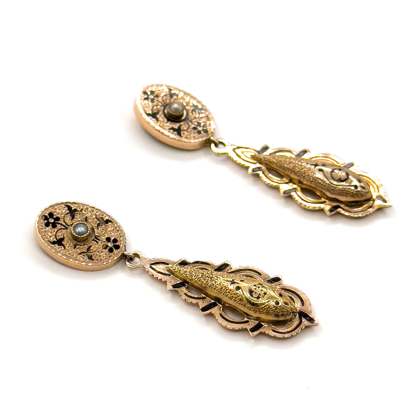Antique Victorian taille d'épargne Drop Stud Earrings in 14K Yellow Gold