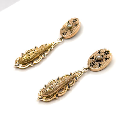 Antique Victorian taille d'épargne Drop Stud Earrings in 14K Yellow Gold