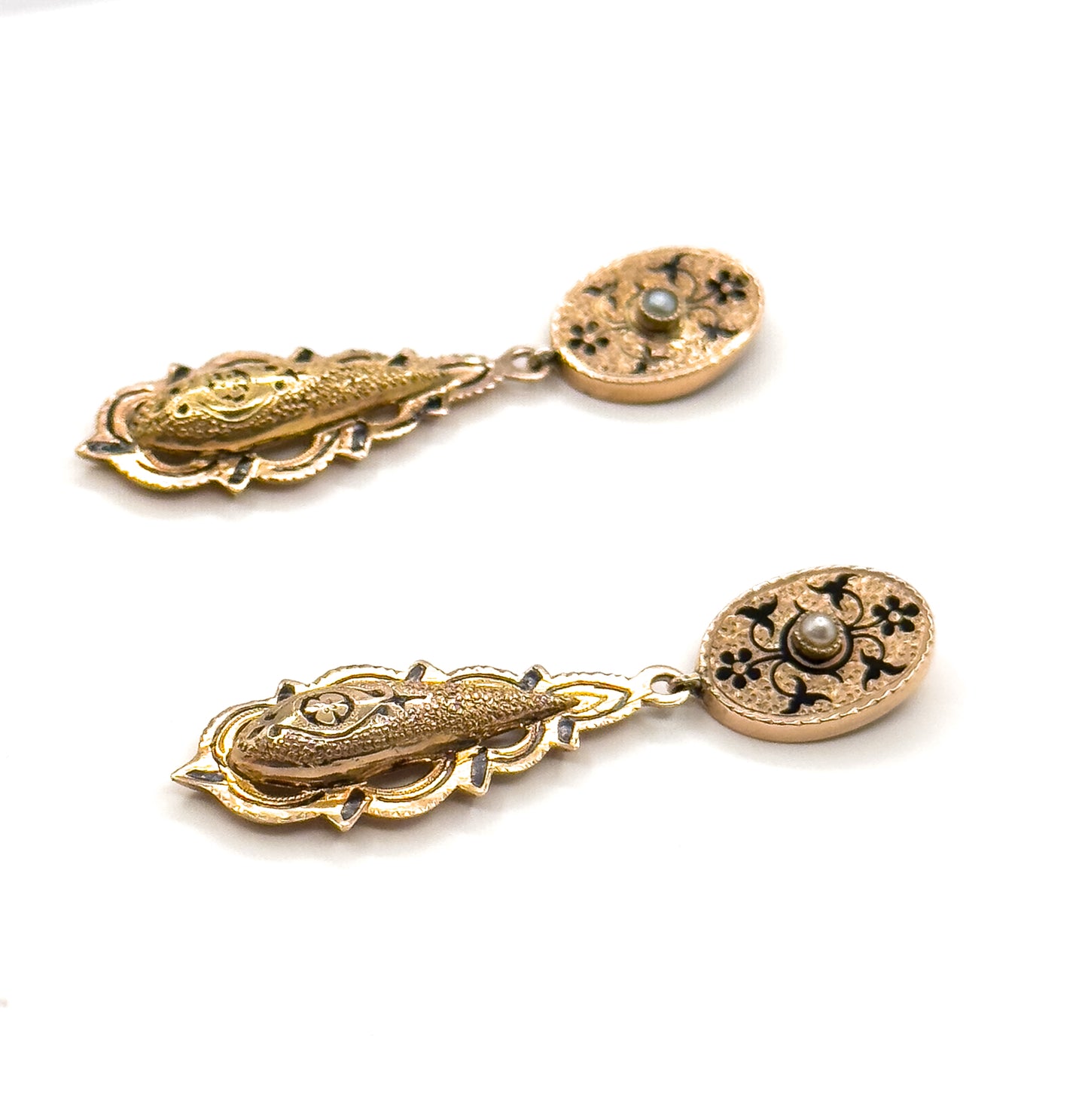 Antique Victorian taille d'épargne Drop Stud Earrings in 14K Yellow Gold