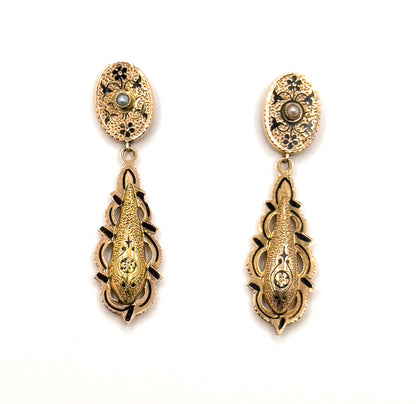 Antique Victorian taille d'épargne Drop Stud Earrings in 14K Yellow Gold