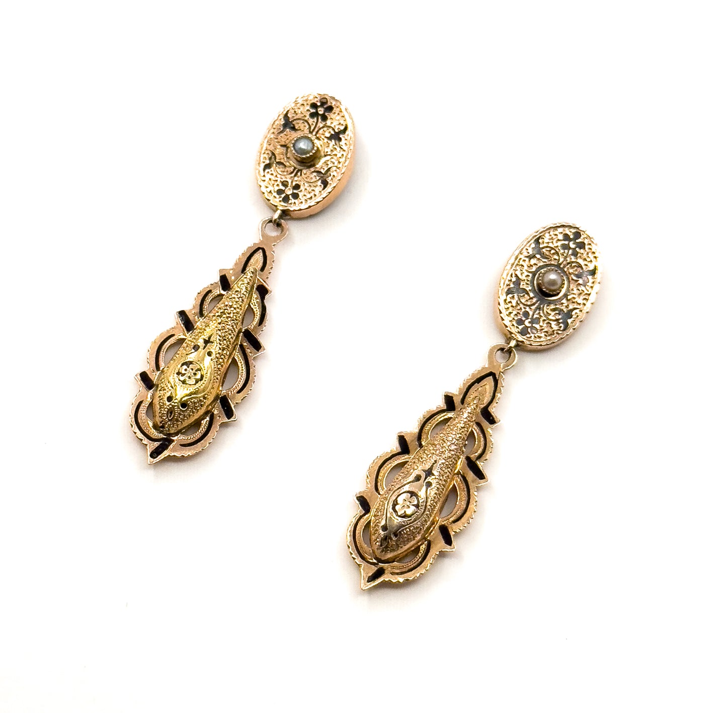 Antique Victorian taille d'épargne Drop Stud Earrings in 14K Yellow Gold