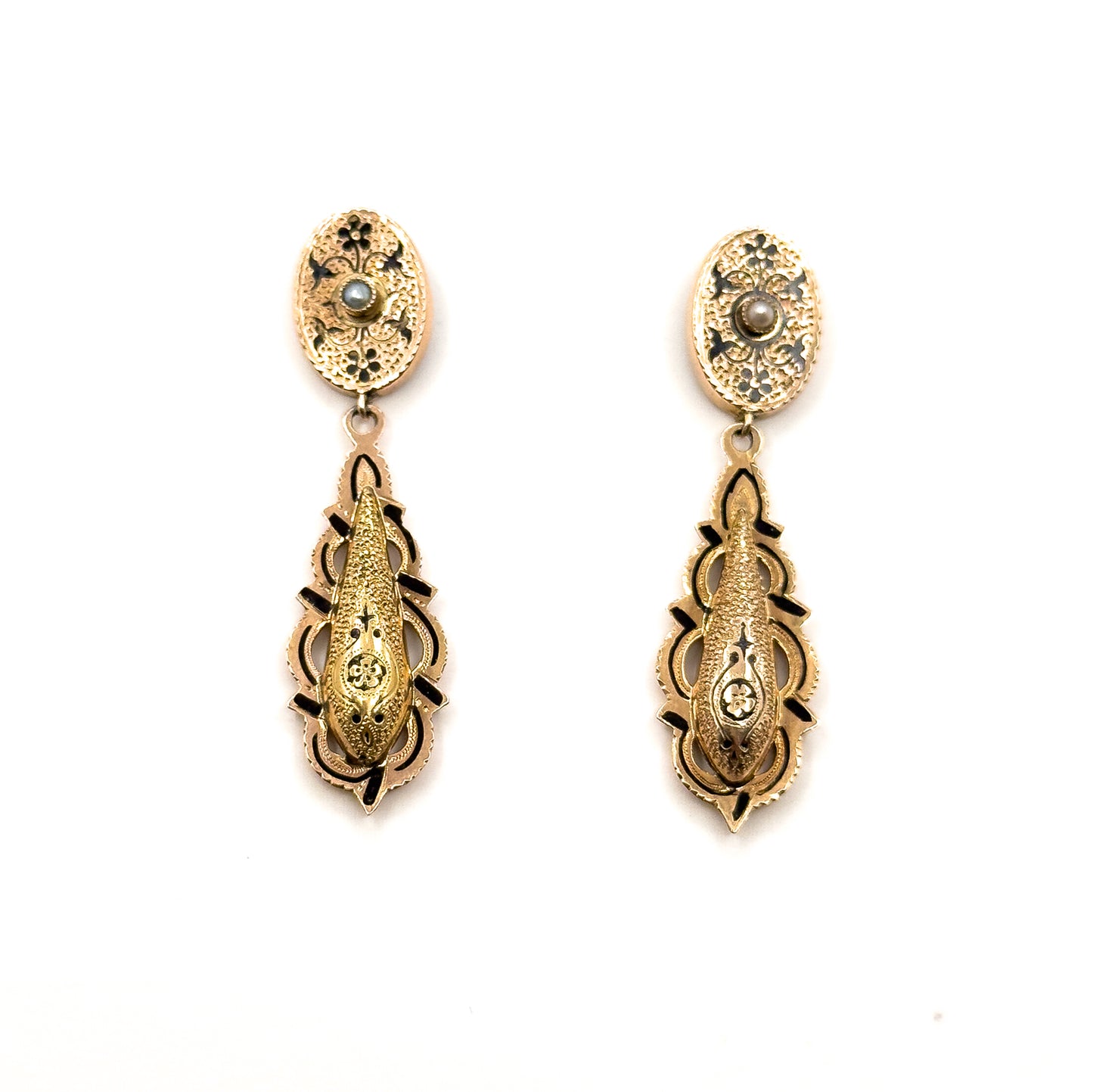 Antique Victorian taille d'épargne Drop Stud Earrings in 14K Yellow Gold