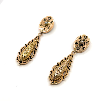 Antique Victorian taille d'épargne Drop Stud Earrings in 14K Yellow Gold
