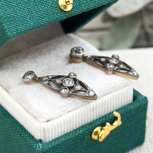 Petite Edwardian Rose Cut & Old European Cut Diamond Stud Earrings Silver topped 14K Gold