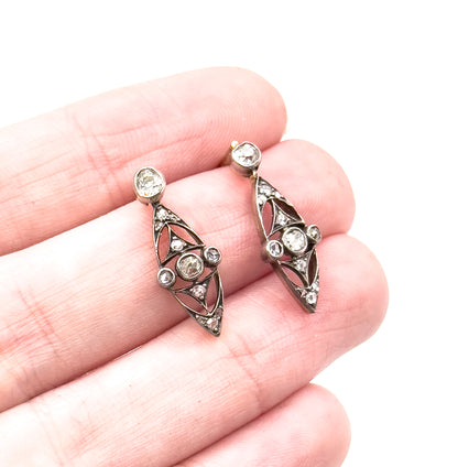 Petite Edwardian Rose Cut & Old European Cut Diamond Stud Earrings Silver topped 14K Gold