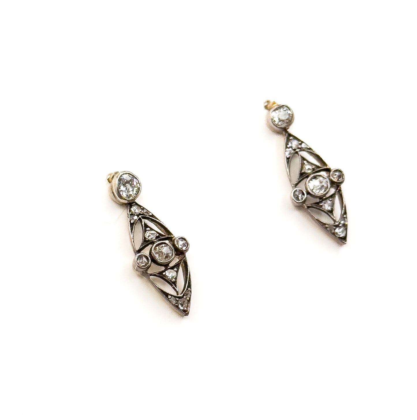 Petite Edwardian Rose Cut & Old European Cut Diamond Stud Earrings Silver topped 14K Gold