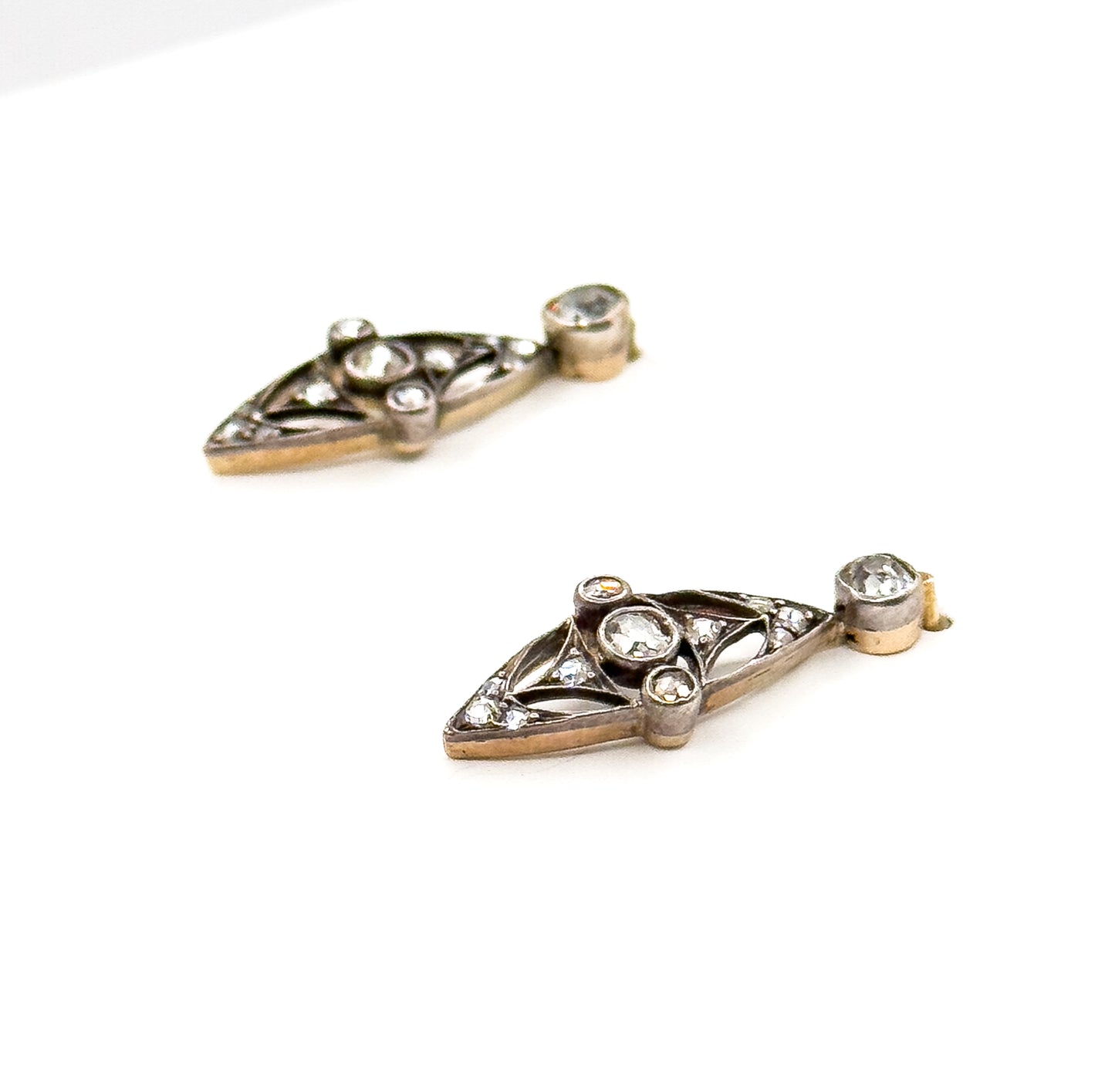 Petite Edwardian Rose Cut & Old European Cut Diamond Stud Earrings Silver topped 14K Gold