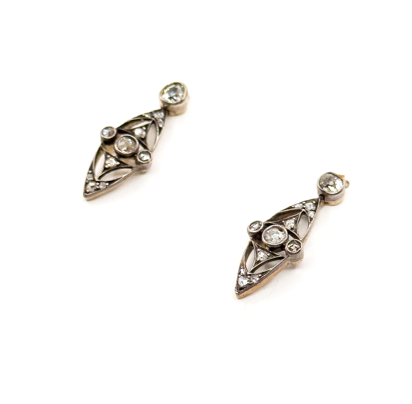 Petite Edwardian Rose Cut & Old European Cut Diamond Stud Earrings Silver topped 14K Gold