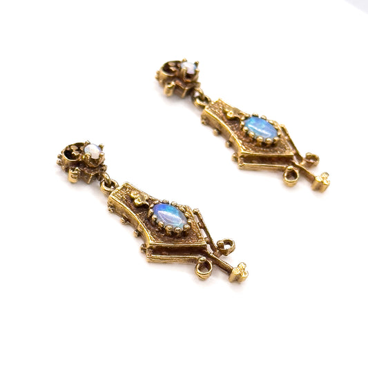 Mid-Century Opal Earrings in 14K Yellow Gold
