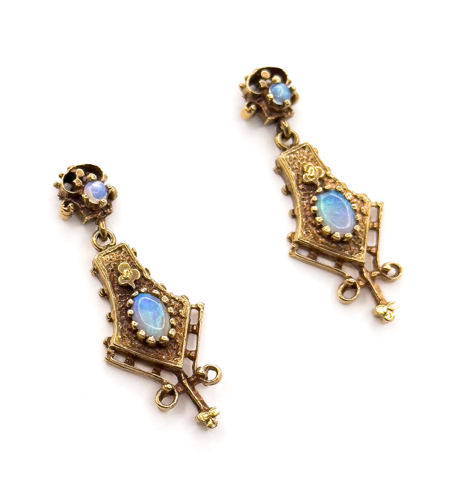 Mid-Century Opal Earrings in 14K Yellow Gold