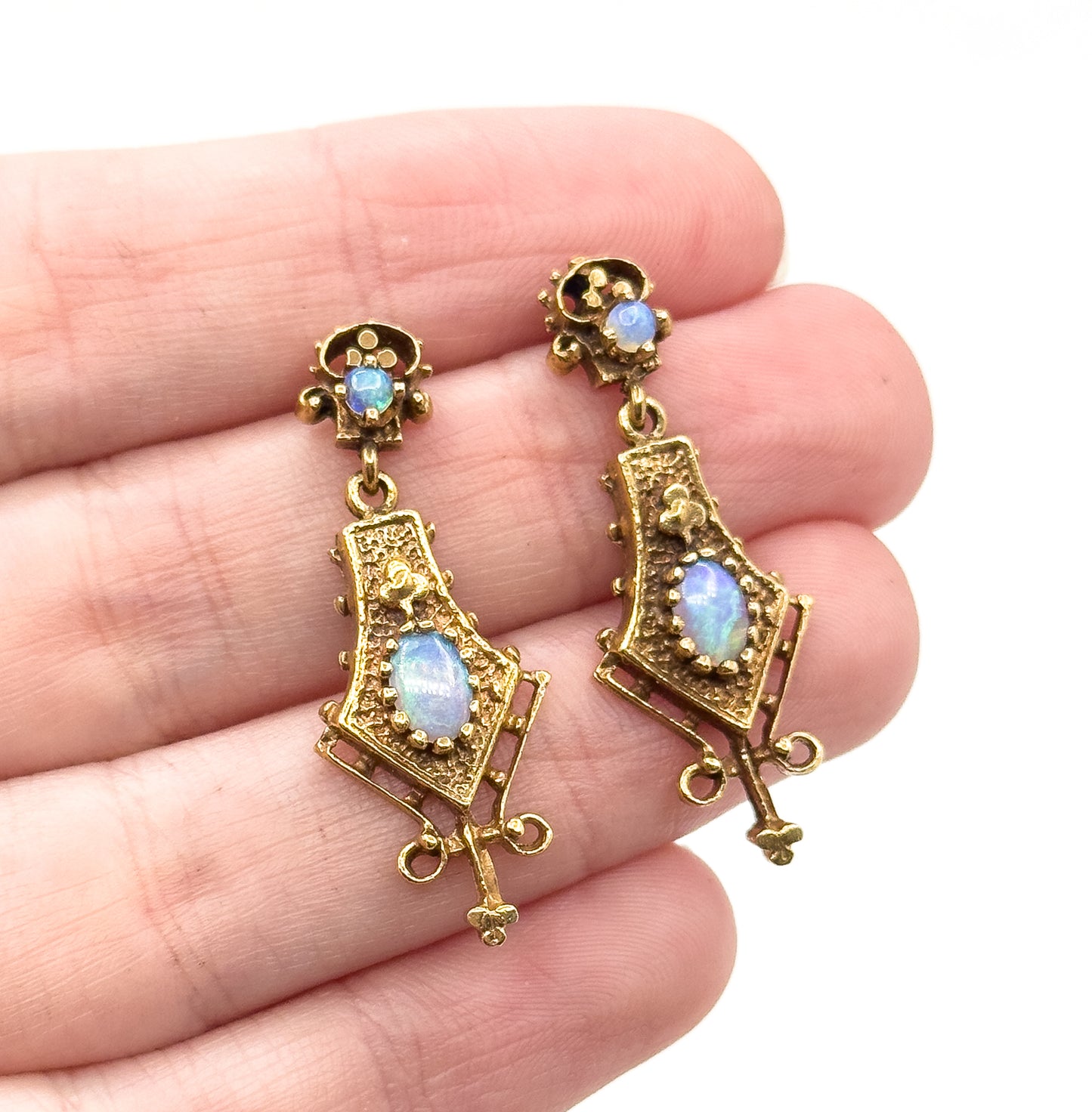 Mid-Century Opal Earrings in 14K Yellow Gold