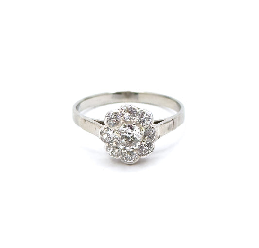 Art Deco Old European Cut Diamond Cluster Ring in 14K White Gold