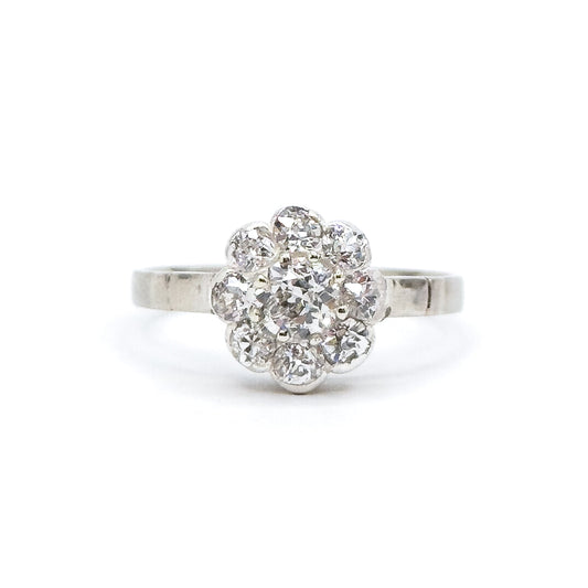 Art Deco Old European Cut Diamond Cluster Ring in 14K White Gold