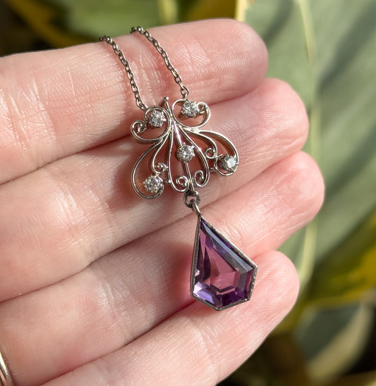 Antique Old European Cut Diamond & Amethyst Pendant in Platinum and 15K Gold