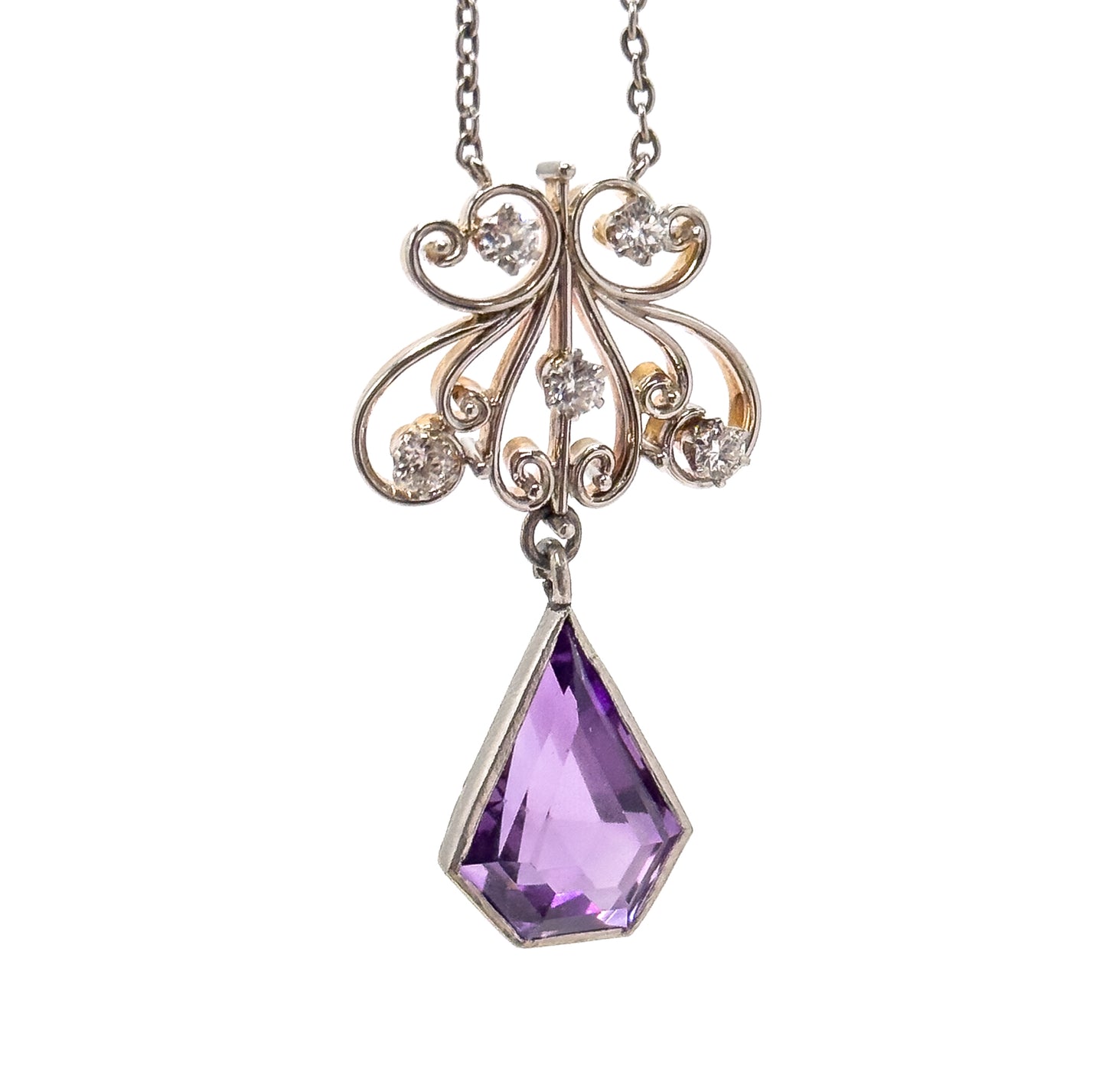 Antique Old European Cut Diamond & Amethyst Pendant in Platinum and 15K Gold