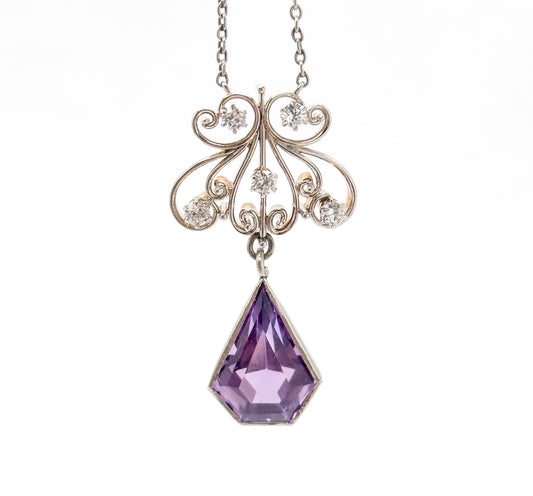 Antique Old European Cut Diamond & Amethyst Pendant in Platinum and 15K Gold