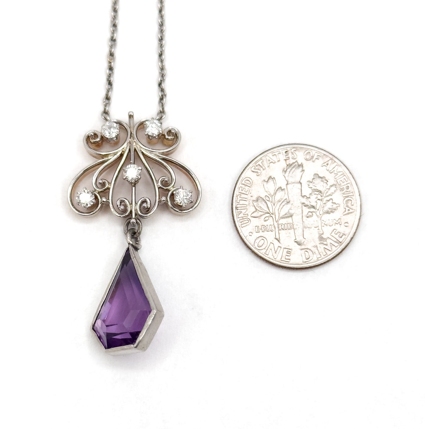 Antique Old European Cut Diamond & Amethyst Pendant in Platinum and 15K Gold