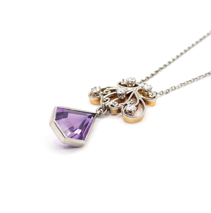 Antique Old European Cut Diamond & Amethyst Pendant in Platinum and 15K Gold
